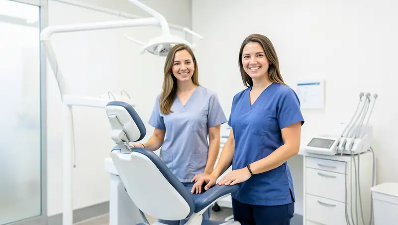 Dental office front desk with a coordinator checking an automated insurance verification list on screen