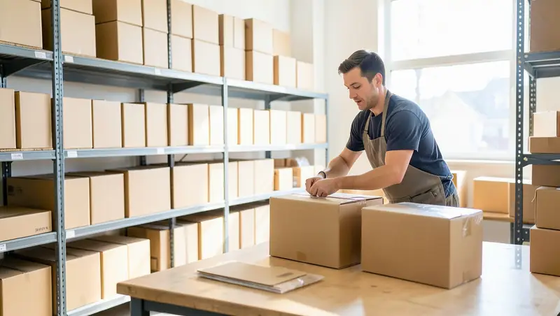Ecommerce operations desk with packed orders and a laptop showing a Shopify order dashboard