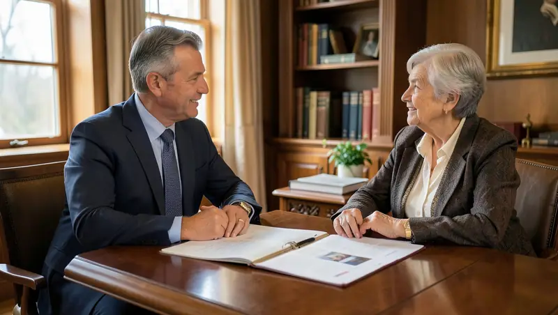 Financial advisor reviewing a client portfolio summary on a laptop in a quiet office