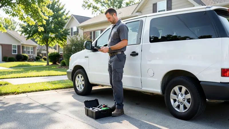 HVAC technician beside a service van checking the day's booked jobs on a phone