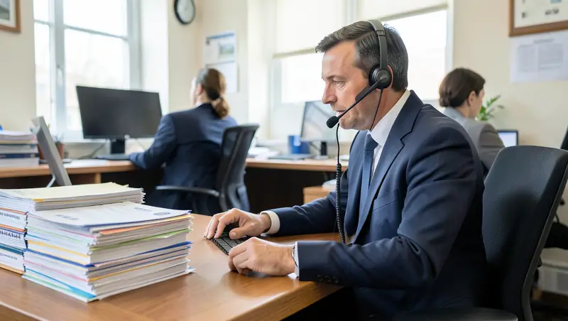 Insurance account manager at a desk with a certificate of insurance and policy documents on screen