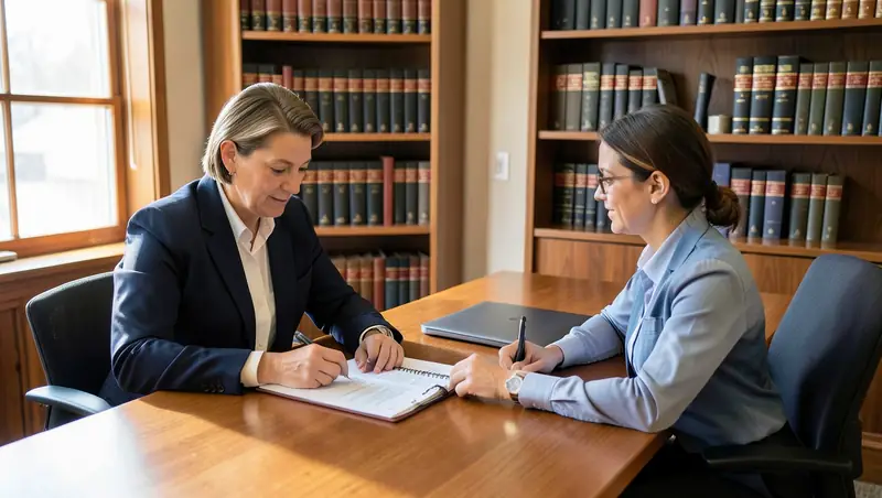 Attorney at a desk reviewing a client intake summary on a laptop in a small law office