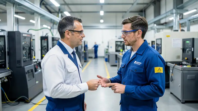 Manufacturing office overlooking a machine shop, with a planner reviewing an ERP order dashboard on a laptop