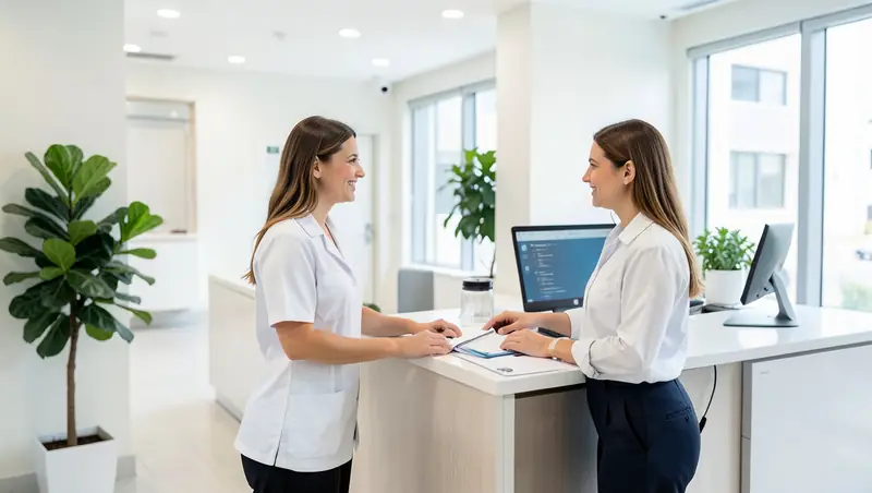 Front desk coordinator at a medical clinic reviewing an automated referral queue on a monitor next to a fax machine