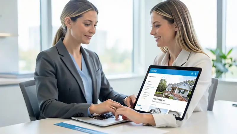 Real estate agent reviewing new buyer leads on a laptop beside a tablet showing a property listing