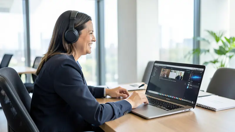 Recruiter reviewing candidate profiles and an interview schedule on a laptop in a staffing agency office